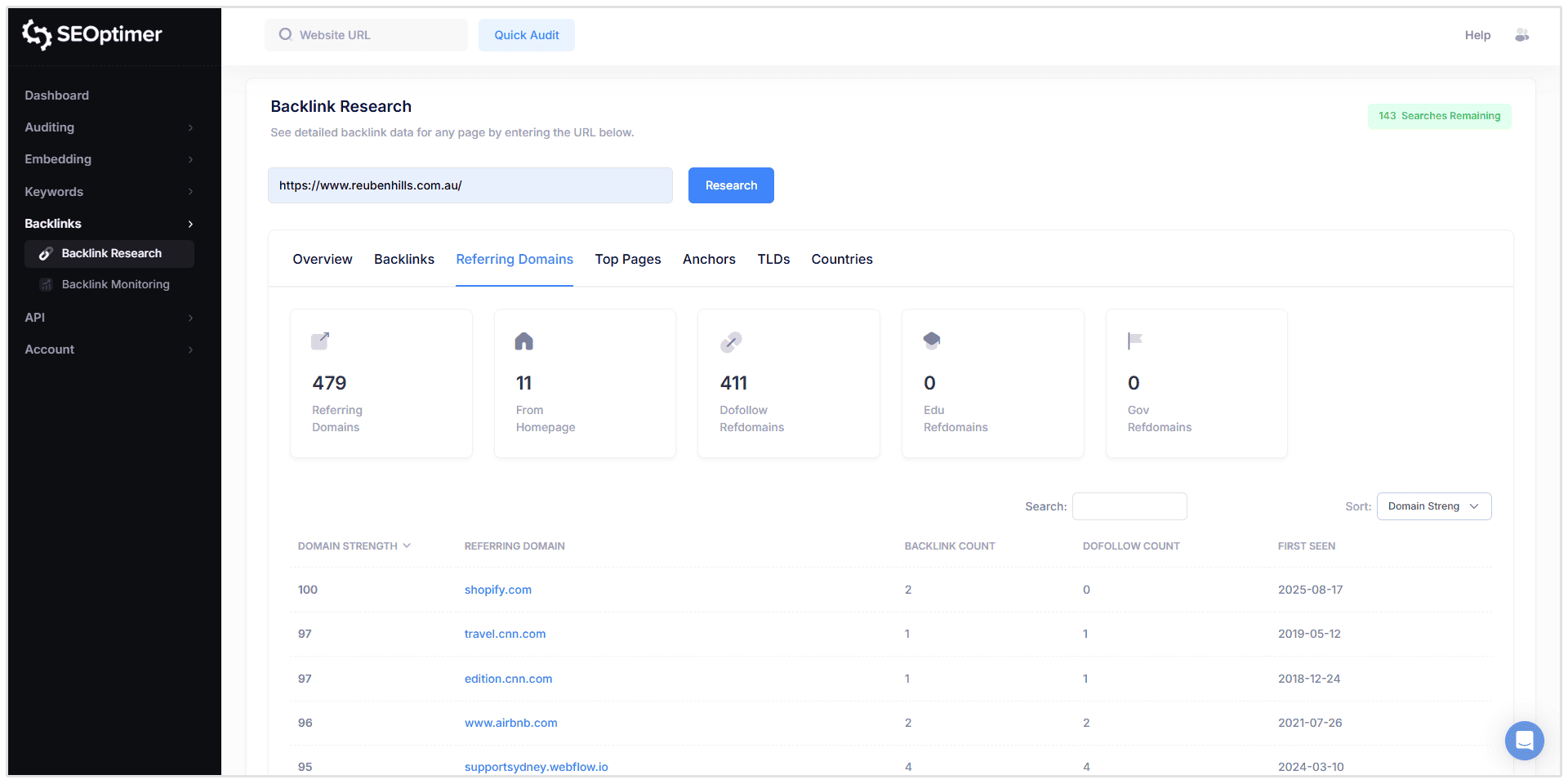 Domaines référents dans SEOptimer